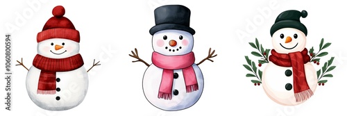 Three cheerful, cartoon snowmen wearing colorful hats and scarves, each with unique expressions, embodying the festive winter spirit.
