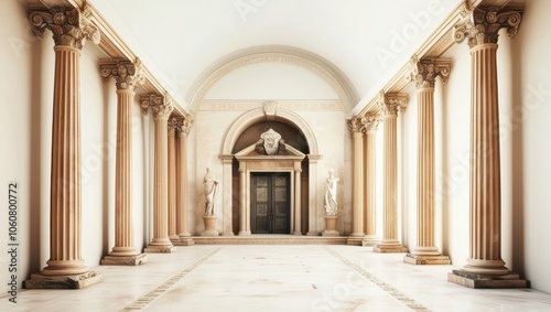 Ancient Roman architecture, ornate columns, symmetrical design, marble temple facade, grand entrance, Corinthian capitals, classical statues, sepia tones, historical illustration, architectural detail