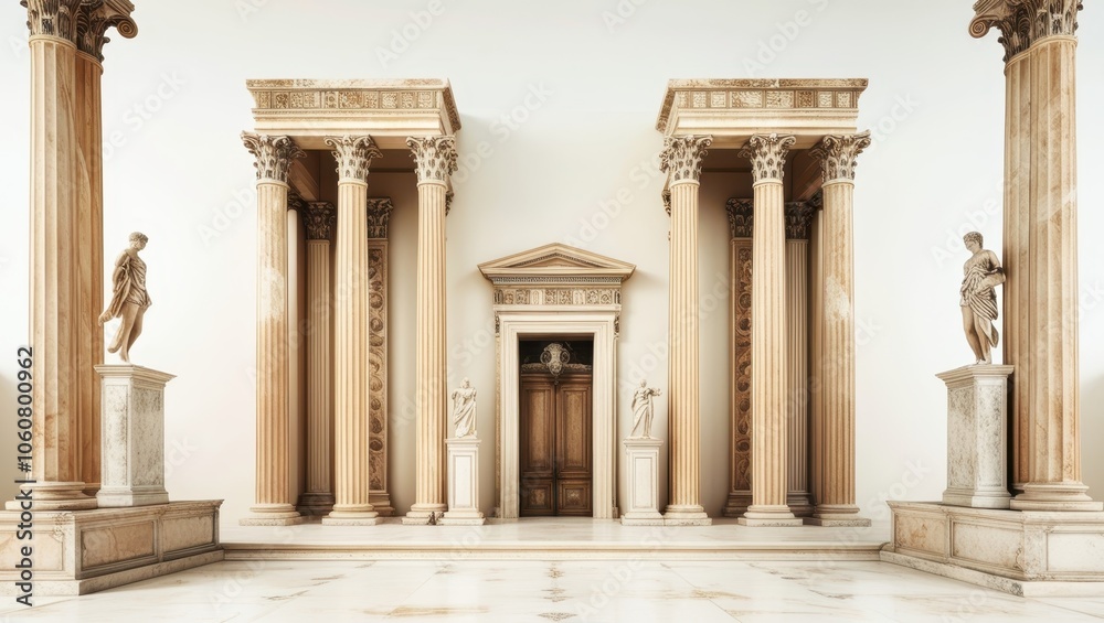 Naklejka premium Ancient Roman architecture, ornate columns, symmetrical design, marble temple facade, grand entrance, Corinthian capitals, classical statues, sepia tones, historical illustration, architectural detail