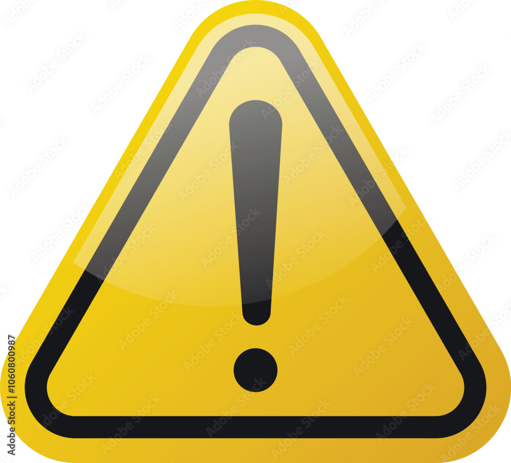 Hazard symbol in yellow color with exclamation symbol in shiny glossy style. Warning Sign. Danger warning icon. Exclamation mark. Hazard symbol in yellow color with exclamation symbol in shiny glossy style. Warning Sign. Danger warning icon. Exclamation mark.