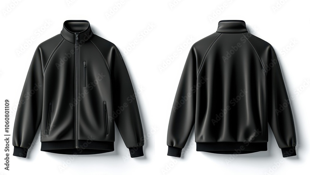 Black athletic jacket, front and back view, sportswear, full-zip, stand-up collar, long sleeves, minimalist design, monochrome, 3D rendering, product photography, realistic texture, athletic apparel, Black athletic jacket, front and back view, sportswear, full-zip, stand-up collar, long sleeves, minimalist design, monochrome, 3D rendering, product photography, realistic texture, athletic apparel,
