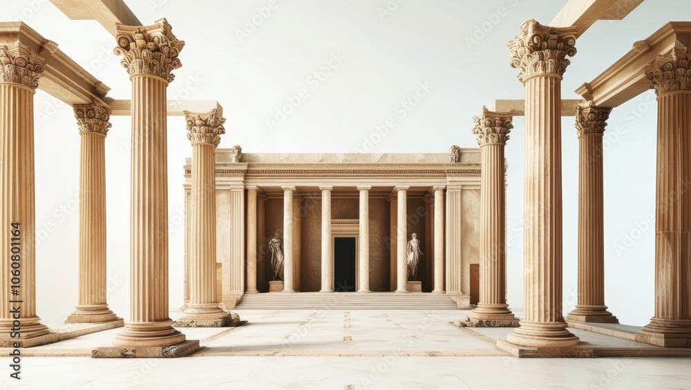 Naklejka premium Ancient Roman architecture, ornate columns, symmetrical design, marble temple facade, grand entrance, Corinthian capitals, classical statues, sepia tones, historical illustration, architectural detail