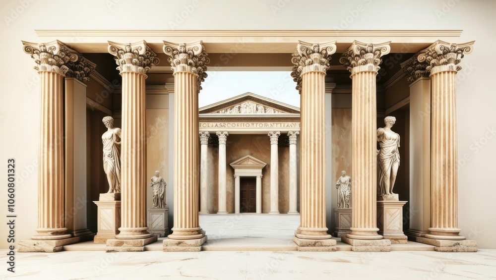 Obraz premium Ancient Roman architecture, ornate columns, symmetrical design, marble temple facade, grand entrance, Corinthian capitals, classical statues, sepia tones, historical illustration, architectural detail