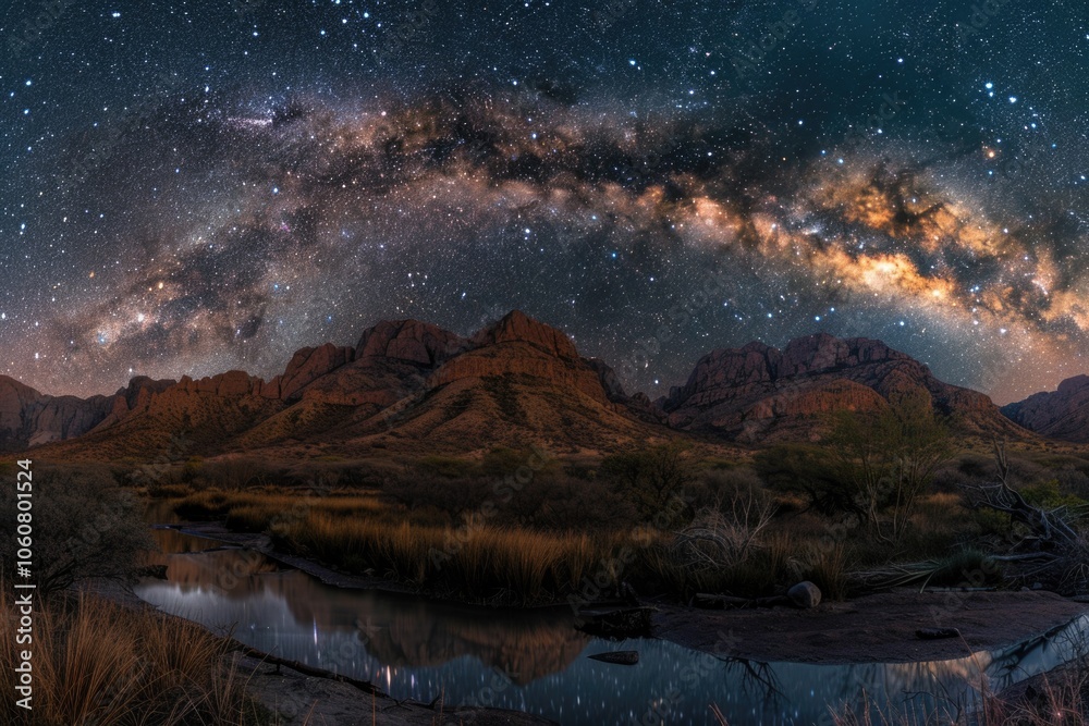 The Milky Way galaxy shines brightly above mountain peaks at night The Milky Way galaxy shines brightly above mountain peaks at night