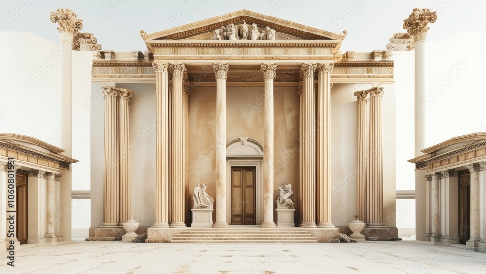 Naklejka premium Ancient Roman architecture, ornate columns, symmetrical design, marble temple facade, grand entrance, Corinthian capitals, classical statues, sepia tones, historical illustration, architectural detail