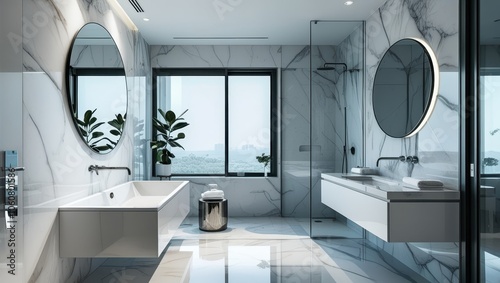 Modern luxury bathroom, minimalist design, white and gray color scheme, glass shower enclosure, floating vanity, large round mirror, pendant light, marble tiles, potted plant, sleek fixtures, bright n photo