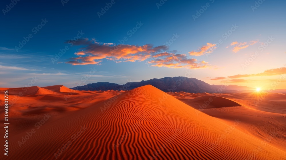 Stunning sunset over vast desert dunes with vibrant red sand and distant mountains under a dramatic sky, exuding tranquility and beauty. Stunning sunset over vast desert dunes with vibrant red sand and distant mountains under a dramatic sky, exuding tranquility and beauty.