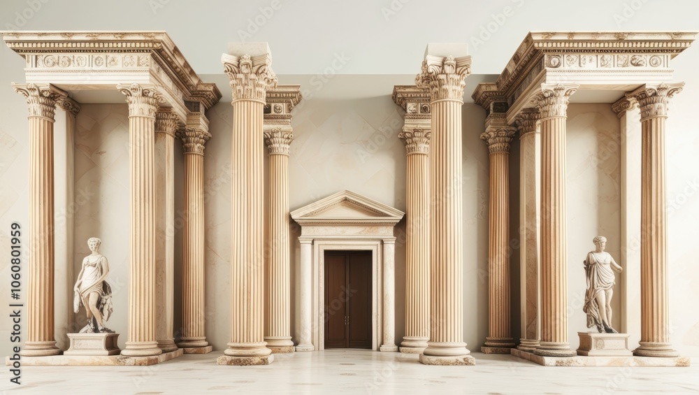 Obraz premium Ancient Roman architecture, ornate columns, symmetrical design, marble temple facade, grand entrance, Corinthian capitals, classical statues, sepia tones, historical illustration, architectural detail