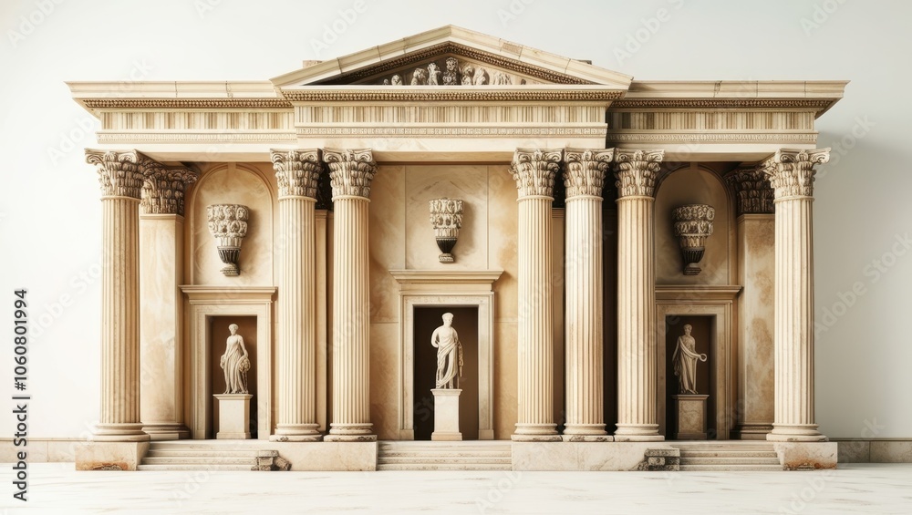 Obraz premium Ancient Roman architecture, ornate columns, symmetrical design, marble temple facade, grand entrance, Corinthian capitals, classical statues, sepia tones, historical illustration, architectural detail