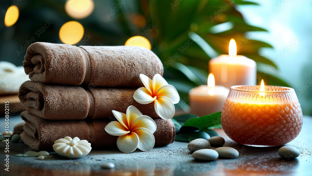 Serene spa arrangement with towels, flowers, and gentle lighting. Serene spa arrangement with towels, flowers, and gentle lighting.