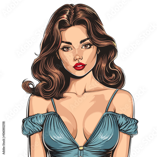 Woman with a red shirt and a blue dress. She has a big bust and is wearing a bra