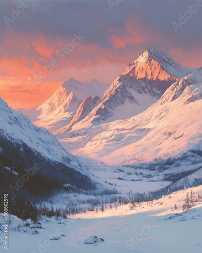 Remote Nordic Mountains in Winter Light, snow-capped mountain range under early morning light, open space around with warm pink and orange accents. 