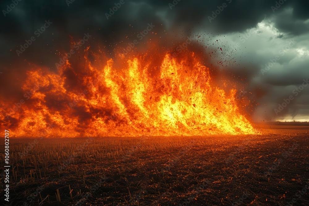 dramatic scene of a massive explosion erupting in an open field with dark swirling clouds above and fiery debris capturing the intensity and chaos of the moment in vivid detail dramatic scene of a massive explosion erupting in an open field with dark swirling clouds above and fiery debris capturing the intensity and chaos of the moment in vivid detail