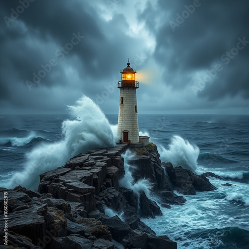  isolated lighthouse stands tall on a windswept rocky coastline, battered by the fury of a tempestuous storm, with crashing waves and swirling storm clouds reflected in the dark
