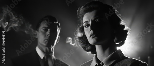 A dramatic black-and-white image of a stylish couple, with moody lighting and a vintage aesthetic, evoking film noir vibes.