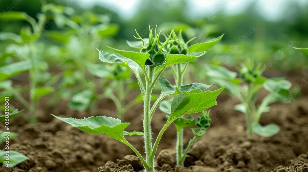 Close-up of young sunflower plants growing in a field, with soft green leaves and buds.
