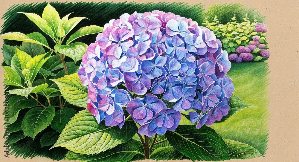 Obraz premium Hydrangea in a lush garden hand drawing