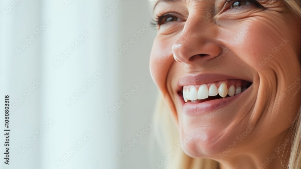 Laughing woman mouth with beautiful healthy white teeth on a white background. Place for text Laughing woman mouth with beautiful healthy white teeth on a white background. Place for text