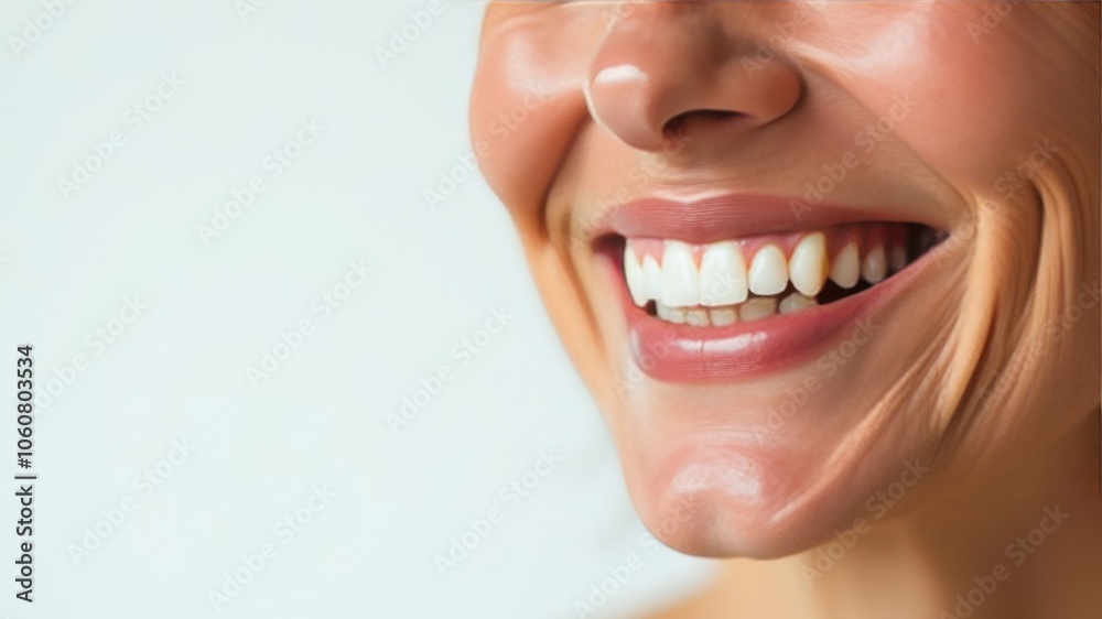 Obraz premium Laughing woman mouth with beautiful healthy white teeth on a white background. Place for text