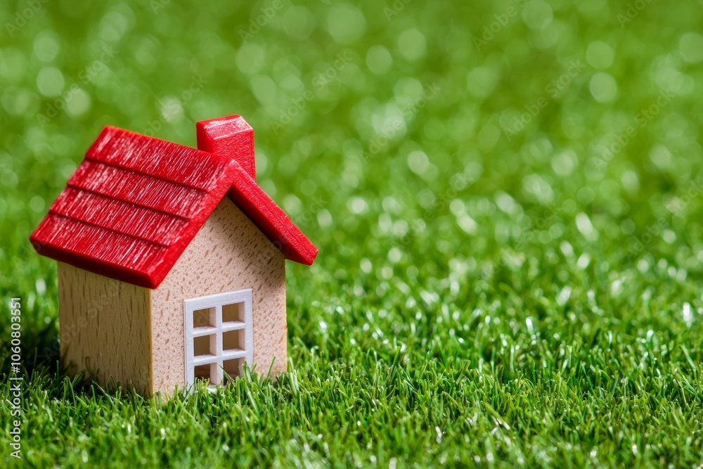 Miniature wooden house with a red roof on vibrant green grass, symbolizing real estate, housing market, and property investment. Miniature wooden house with a red roof on vibrant green grass, symbolizing real estate, housing market, and property investment.