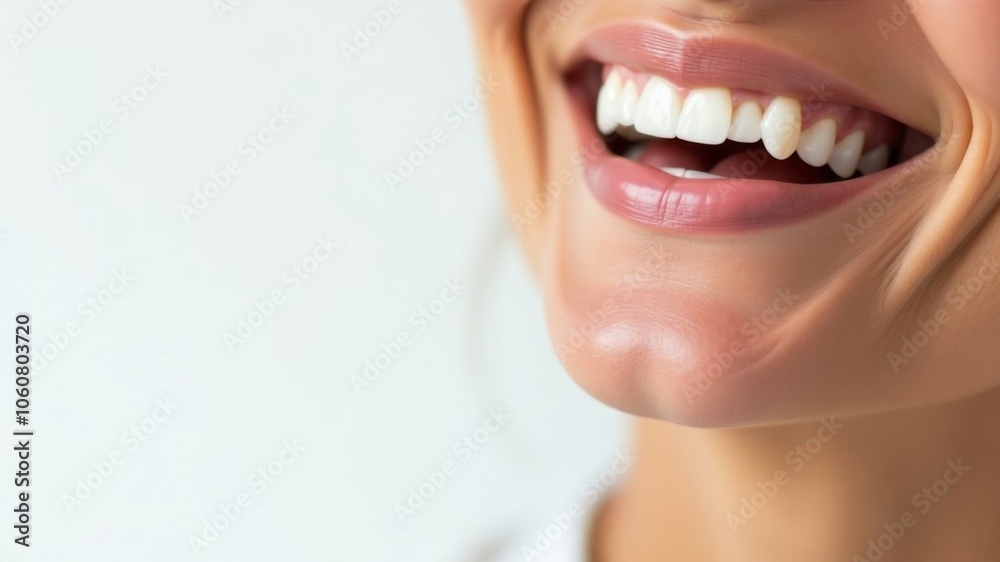 Obraz premium Laughing woman mouth with beautiful healthy white teeth on a white background. Place for text