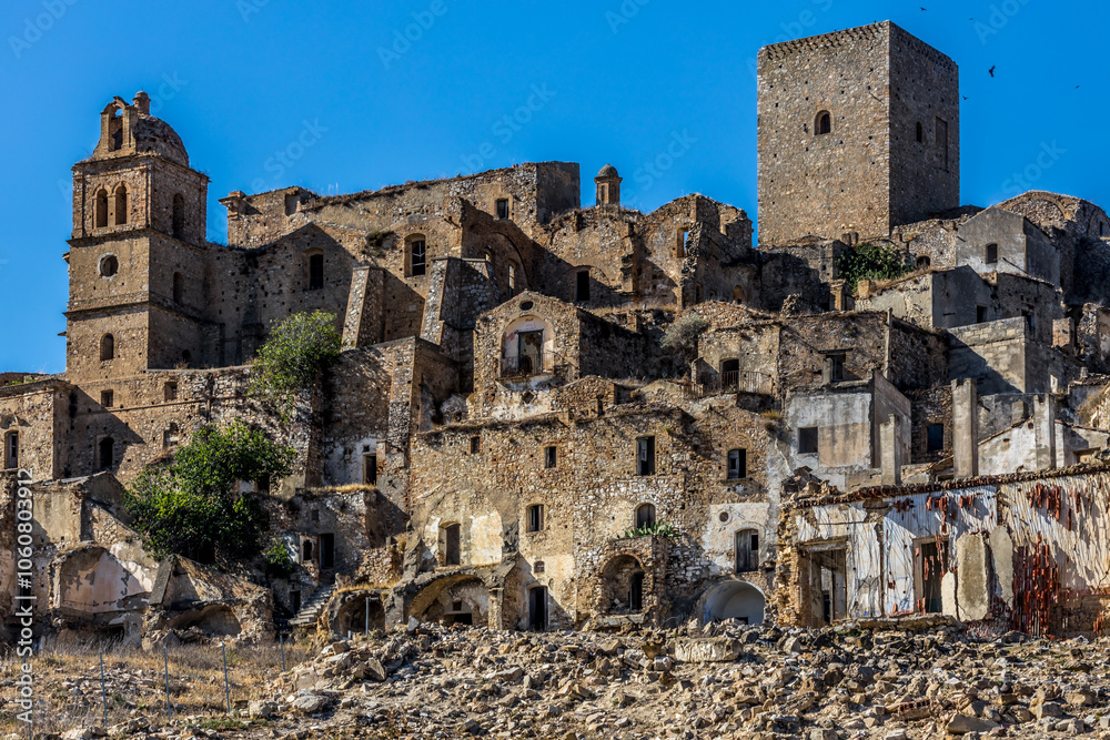 Abandoned ruins of the ghost town of Craco. A city abandoned due to an earthquake in the late 20th century. Province of Matera, Basilicata, Italy