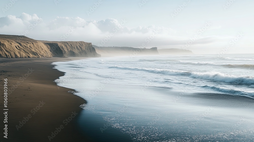 Calm waves crashing on a sandy beach, setting a serene summer atmosphere. Calm waves crashing on a sandy beach, setting a serene summer atmosphere.