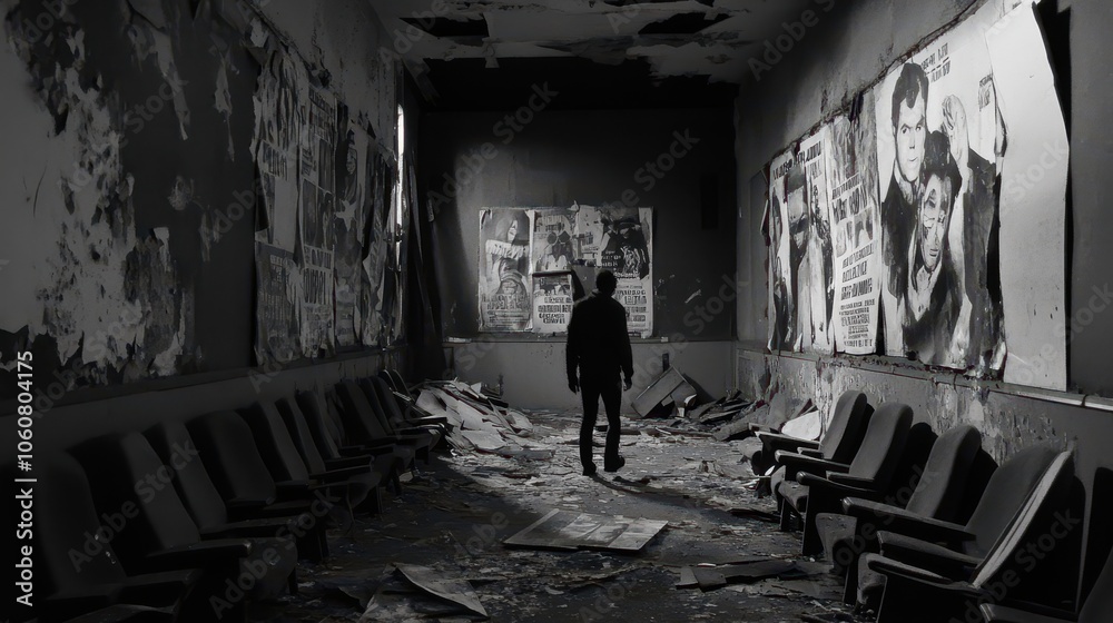 A solitary figure walks through a dilapidated corridor adorned with peeling posters and debris, evoking a sense of abandonment and haunting nostalgia. A solitary figure walks through a dilapidated corridor adorned with peeling posters and debris, evoking a sense of abandonment and haunting nostalgia.