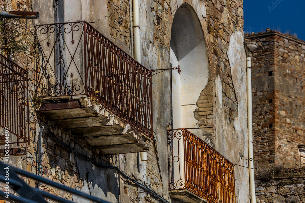 Abandoned ruins of the ghost town of Craco. A city abandoned due to an earthquake in the late 20th century. Province of Matera, Basilicata, Italy