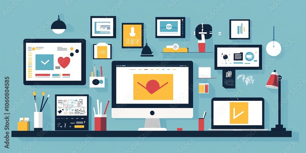 A web design studio showcases their responsive website design on different devices: computer, laptop, phone, and tablet. The presentation features a blue background with design elements. A web design studio showcases their responsive website design on different devices: computer, laptop, phone, and tablet. The presentation features a blue background with design elements.
