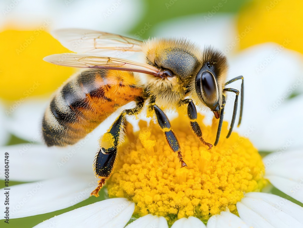 Bee collecting pollen, closeup shot of pollen grains on the bees legs and flower petals Bee collecting pollen, closeup shot of pollen grains on the bees legs and flower petals