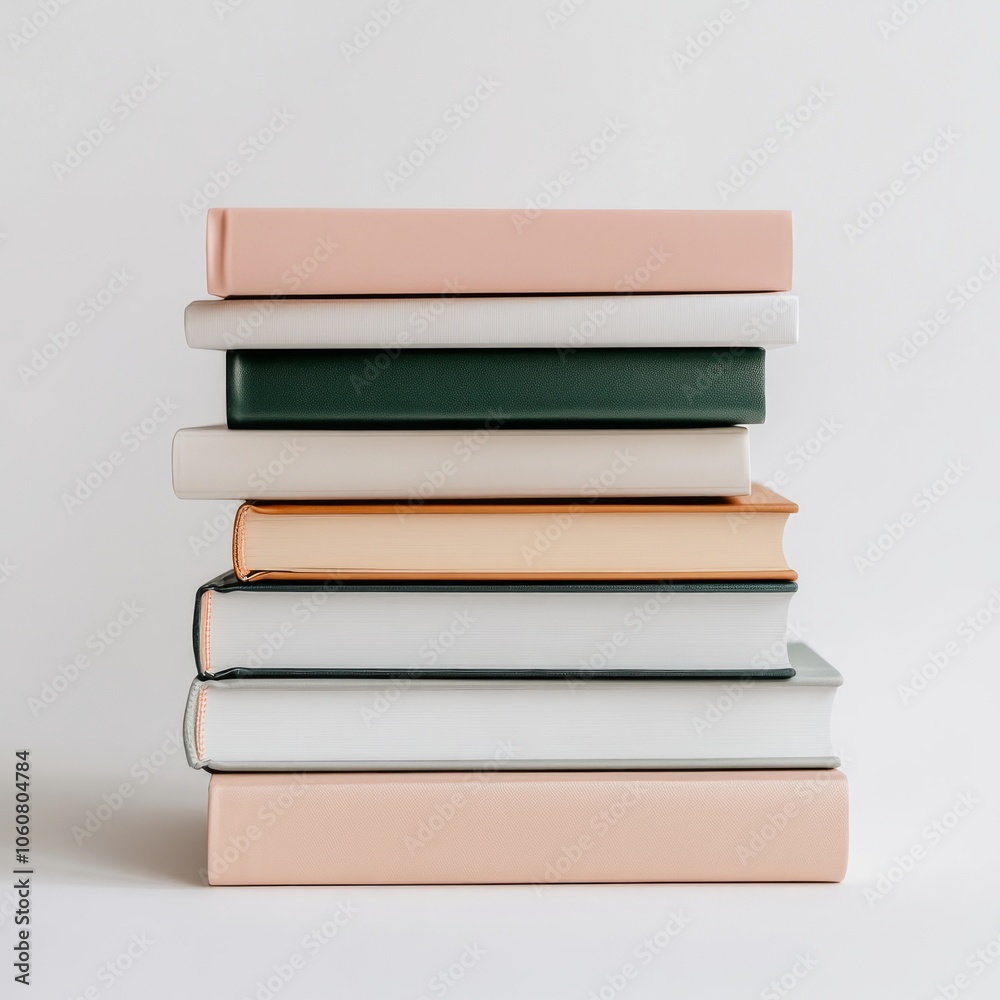 A stack of seven hardcover books in various pastel colors against a white background. A stack of seven hardcover books in various pastel colors against a white background.