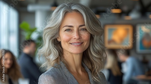 Graceful Confidence: A Radiant Portrait of Modern Maturity Where Natural Silver Waves and Genuine Smiles Create Beauty's Most Authentic Expression of Ageless Elegance