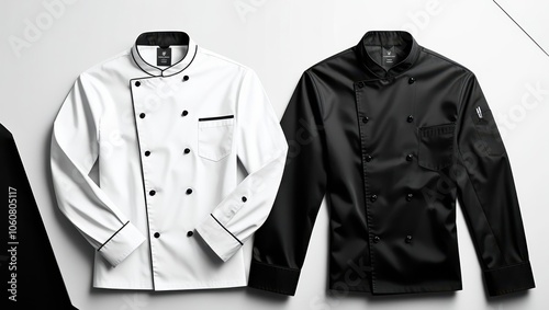 Chef jackets, professional culinary uniforms, black and white contrast, crisp fabric, folded garments, restaurant attire, kitchen workwear, high-end culinary fashion, clean lines, minimal design, hosp photo