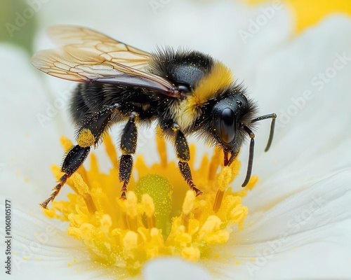 Macro of bee pollinating a wildflower, fine details of pollen and petal textures photo