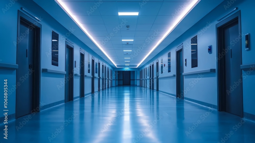 Long hospital corridor with closed doors and bright ceiling lights, creating a sterile and calm medical environment. Long hospital corridor with closed doors and bright ceiling lights, creating a sterile and calm medical environment.