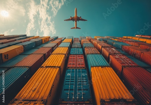 Airplane Flying Over Cargo Containers