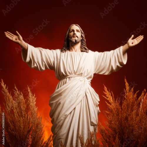 A statue of Jesus Christ with outstretched arms against a red background with tall grasses on either side. photo