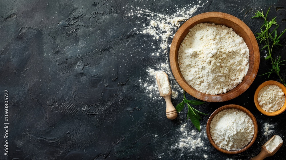 Flour and ingredients in wooden bowl on dark background with copy space