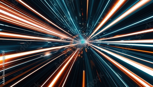 Abstract light trails, hyperspace effect, warp speed, colorful streaks, blue and orange glow, dynamic motion blur, star field, cosmic journey, futuristic, sci-fi concept, time travel, radial blur, lon photo