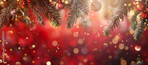 Christmas decorations with evergreen branches, red ornaments, and bokeh lights on a festive red background. Perfect for holiday greeting cards, invitations, or seasonal backgrounds. photo