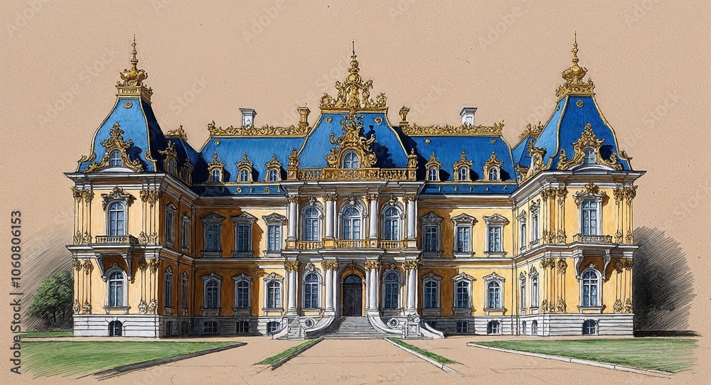 Obraz premium Ornate palace house hand drawing