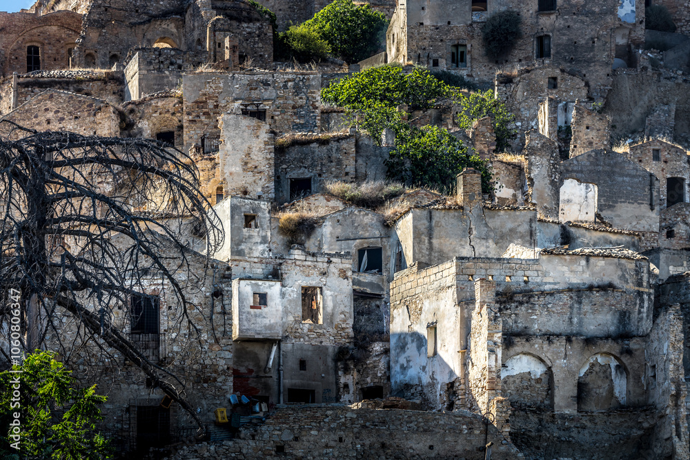 Abandoned ruins of the ghost town of Craco. A city abandoned due to an earthquake in the late 20th century. Province of Matera, Basilicata, Italy