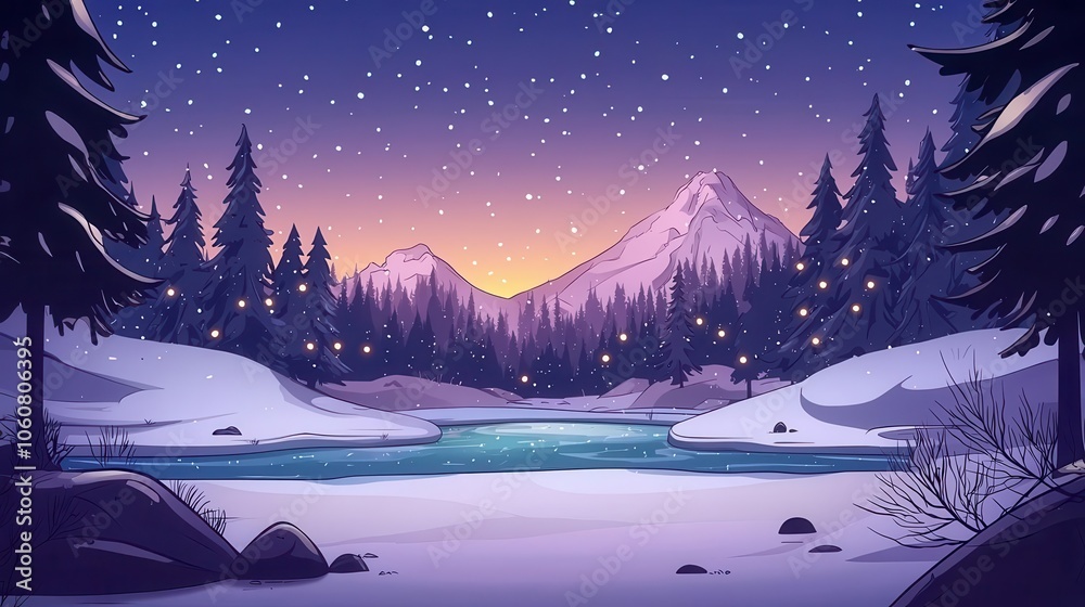Fototapeta premium Frozen river through snowy forest, holiday lights on trees, Winter holiday nature scene