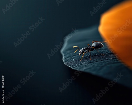 Ant on a flower petal, macro shot capturing minute details of ant s anatomy and petal photo