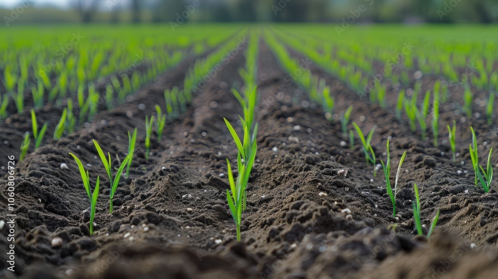 Close-up of rows of young green seedlings emerging from the dark soil, showcasing the start of new life and the promise of a bountiful harvest. Close-up of rows of young green seedlings emerging from the dark soil, showcasing the start of new life and the promise of a bountiful harvest.