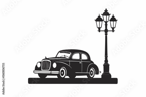 Silhouette of a vintage car parked under a streetlight at night