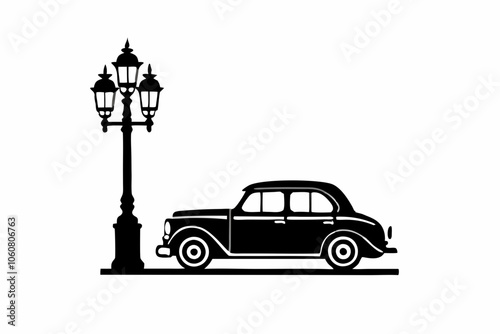 Silhouette of a vintage car parked under a streetlight at night