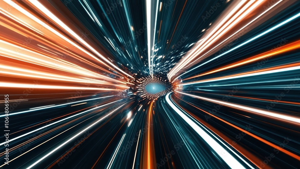 Abstract light trails, hyperspace effect, warp speed, colorful streaks, blue and orange glow, dynamic motion blur, star field, cosmic journey, futuristic, sci-fi concept, time travel, radial blur, lon Abstract light trails, hyperspace effect, warp speed, colorful streaks, blue and orange glow, dynamic motion blur, star field, cosmic journey, futuristic, sci-fi concept, time travel, radial blur, lon