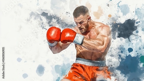 Boxer throwing a wild overhand punch, dramatic movement, watercolor style photo